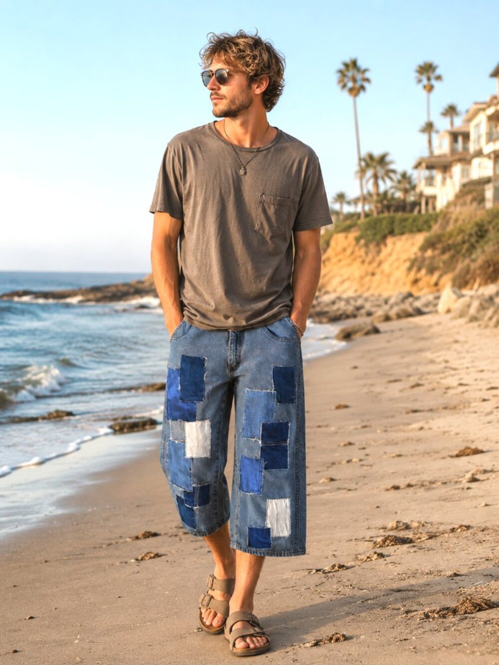 Upcycled Patchwork Long Jean Shorts, Denim Patched Hippie Pants Waist Size 35